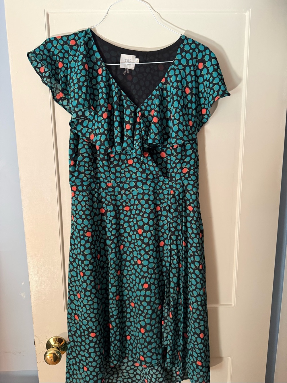 HD in Paris Teal Midi Dress with Coral Dot Print and Ruffle V‑Neck